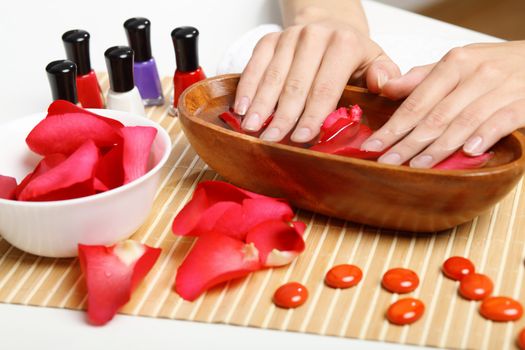 Young woman is getting manicure in a beauty salon