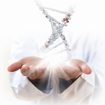 Image of DNA strand against background with human hands