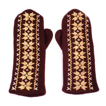 Brown woolen knitted mittens on white background