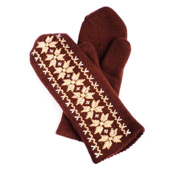 Brown woolen knitted mittens on white background