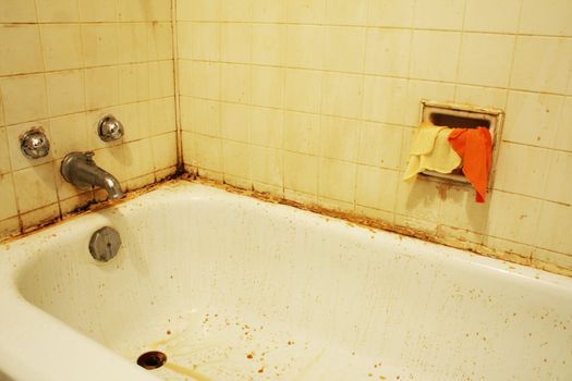 A filthy bathtub with mold and stains and dirty water. Concept for poverty or renovation/repair