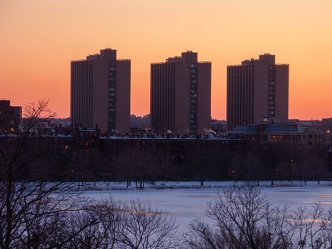 Boston University's Warren Towers dormitory at dusk