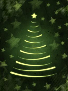 abstract green background with illustrated christmas tree and stars, retro card