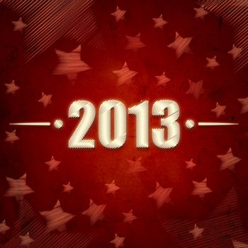 abstract red background with figures year 2013 and illustrated striped stars, retro style card