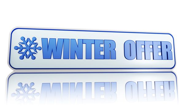 winter offer 3d white banner with blue text and snowflake symbol, business concept