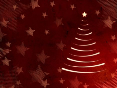 abstract red background with illustrated christmas tree and stars, retro style card