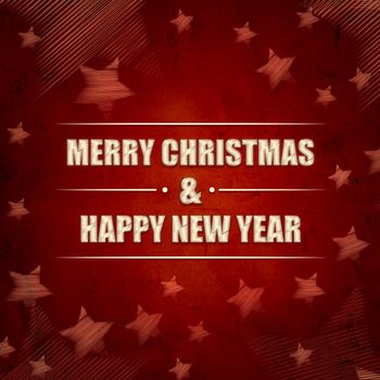 abstract red background with text Merry Christmas and Happy New Year and striped stars, retro style card