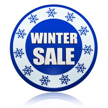 winter sale 3d blue circle banner with white text and snowflakes symbol, business concept