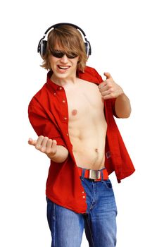 Happy smiling young man dancing and listening to music