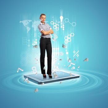 Modern technology illustration with computers and business person