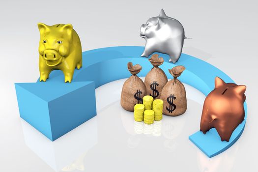 three piggies bank, one in bronze, another in silver and the third in gold are on a curved growing up blue arrow, and a lot of money in the middle