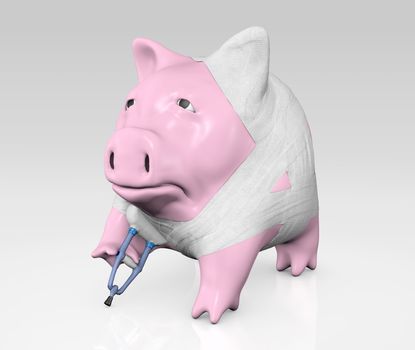 a pink piggy bank is sad because he is covered by bandages and he is forced to use a crutch after a breaking