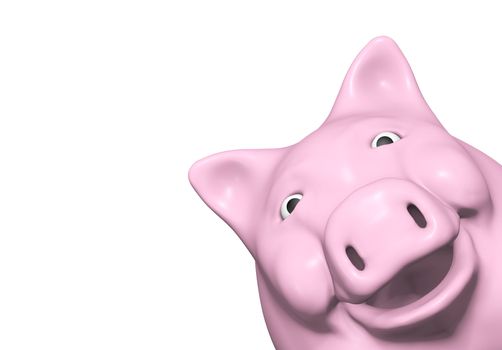 a part of a happy pink piggy bank is watching in a curious manner from a right bottom corner on a white background