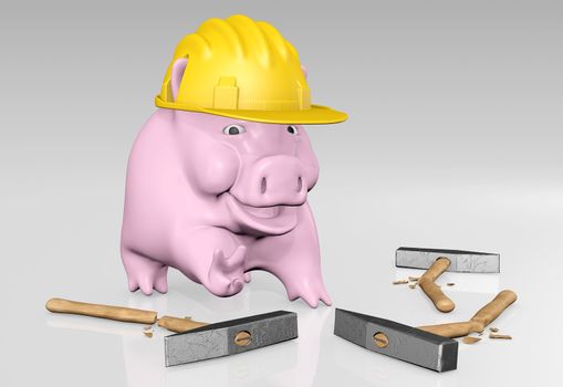 a happy pink piggy bank with a yellow construction helmet on his head is doing the victory symbol with his right hand because there are some broken hammers on the ground close to him