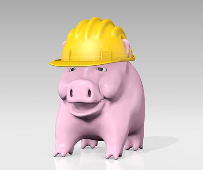 a happy pink piggy bank is wearing a yellow construction helmet to protect himself