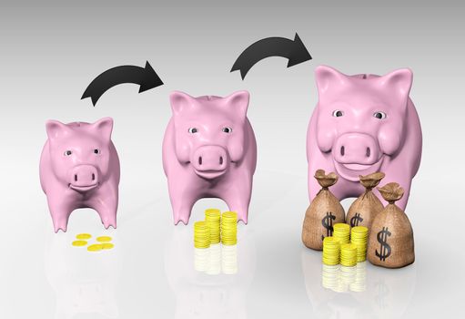 the picture is showing, with two curved arrows above, the grow up of a small piggy from the left with little money to a big one on the right that is smiling with a lot of money