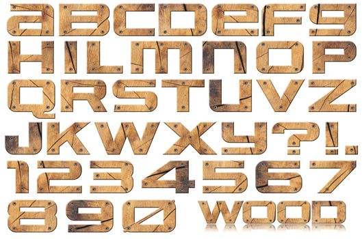 Grunge wooden trunk alphabet and numbers with screws on white background

