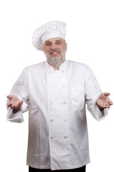 Portrait of a caucasian chef in his uniform on a white background.