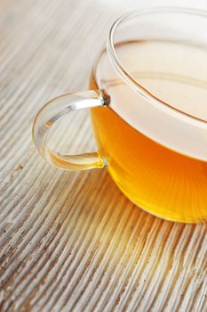 Cup of tea on wood board, drink for health