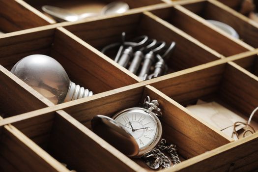 close up of old objects focus on pocket watch