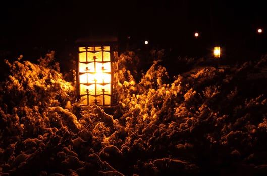 street lantern at winter night in park