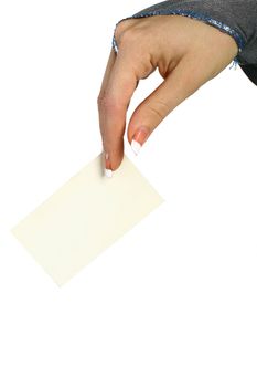 The woman hand gives the visit card on a white background