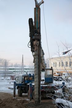 Special car for drilling wells in the ground. winter