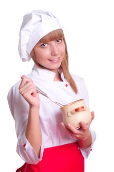 beautiful woman hold a pot of food, checks cooked