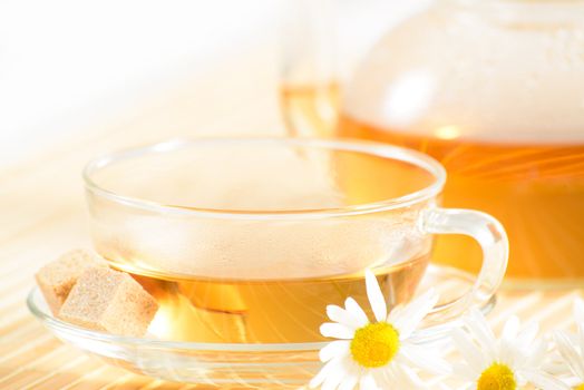 A teacup and a teapot with herbal chamomile tea