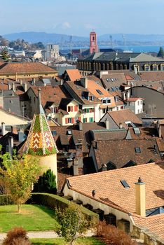 view of Neuchatel city and the lake from the collegiale place, Switzerland