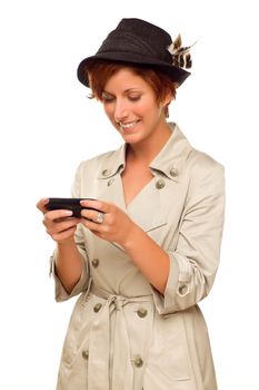 Smiling Young Woman Holding Smart Cell Phone Isolated on a White Background.
