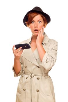 Shocked Young Woman Holding Smart Cell Phone Isolated on a White Background.