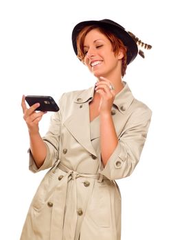 Smiling Young Woman Holding Smart Cell Phone Isolated on a White Background.