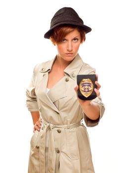 Female Detective With Official Badge In Trench Coat Isolated on a White Background.