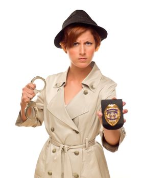 Attractive Female Detective With Handcuffs and Badge In Trench Coat Isolated on a White Background.