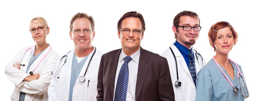 Smiling Businessman with Male and Female Doctors or Nurses Isolated on a White Background.