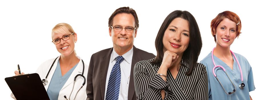 Attractive Hispanic Woman with Businessman and Male Doctors or Nurses Isolated on a White Background.