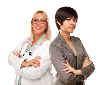 Attractive Young Multiethnic Woman with Female Doctor or Nurse Isolated on a White Background.