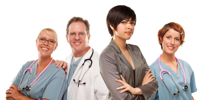 Young Mixed Race Woman with Doctors and Nurses Behind Isolated on a White Background.