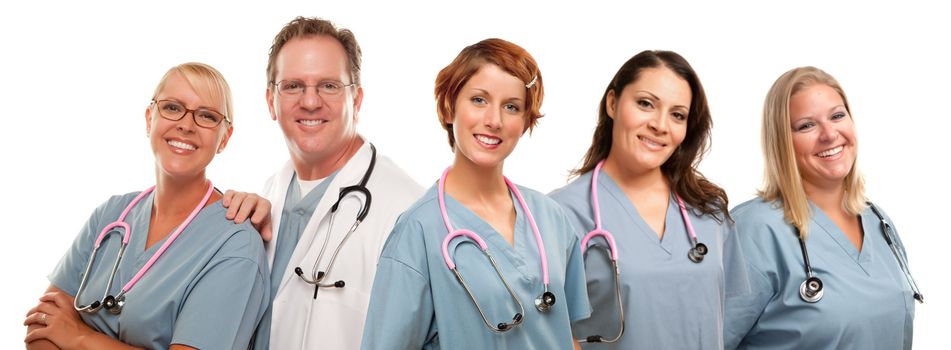 Group of Smiling Male and Female Doctors or Nurses Isolated on a White Background.