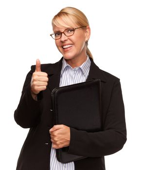 Attractive Businesswoman with Thumbs Up Isolated on a White Background.