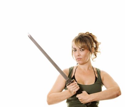 woman holding a a samurai sword isolated on white