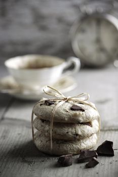 Breakfast with tea and Chocolate chip cookies