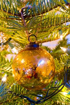 Elegant beautiful Christmas tree ornaments hang from this fir with lights and decorations all around.