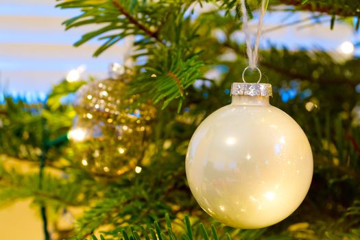 Elegant beautiful Christmas tree ornaments hang from this fir with lights and decorations all around.