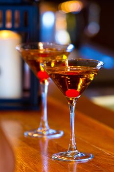 Martinis on the bar at a fancy and elegant wedding reception.