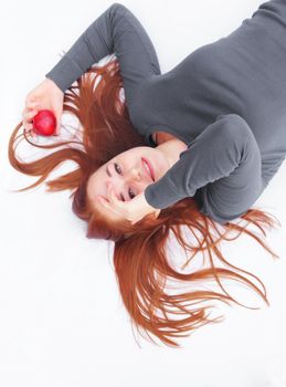 Red Hair with apple on white background