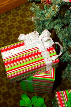 Christmas presents are wrapped and placed under the tree for the December winter holiday.