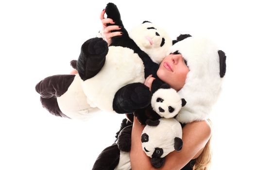 Woman in panda suit with little pandas over a white background