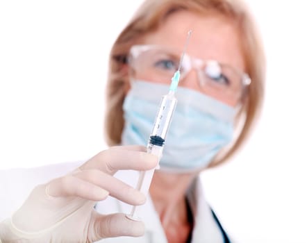 Woman doctor with syringe on a white background